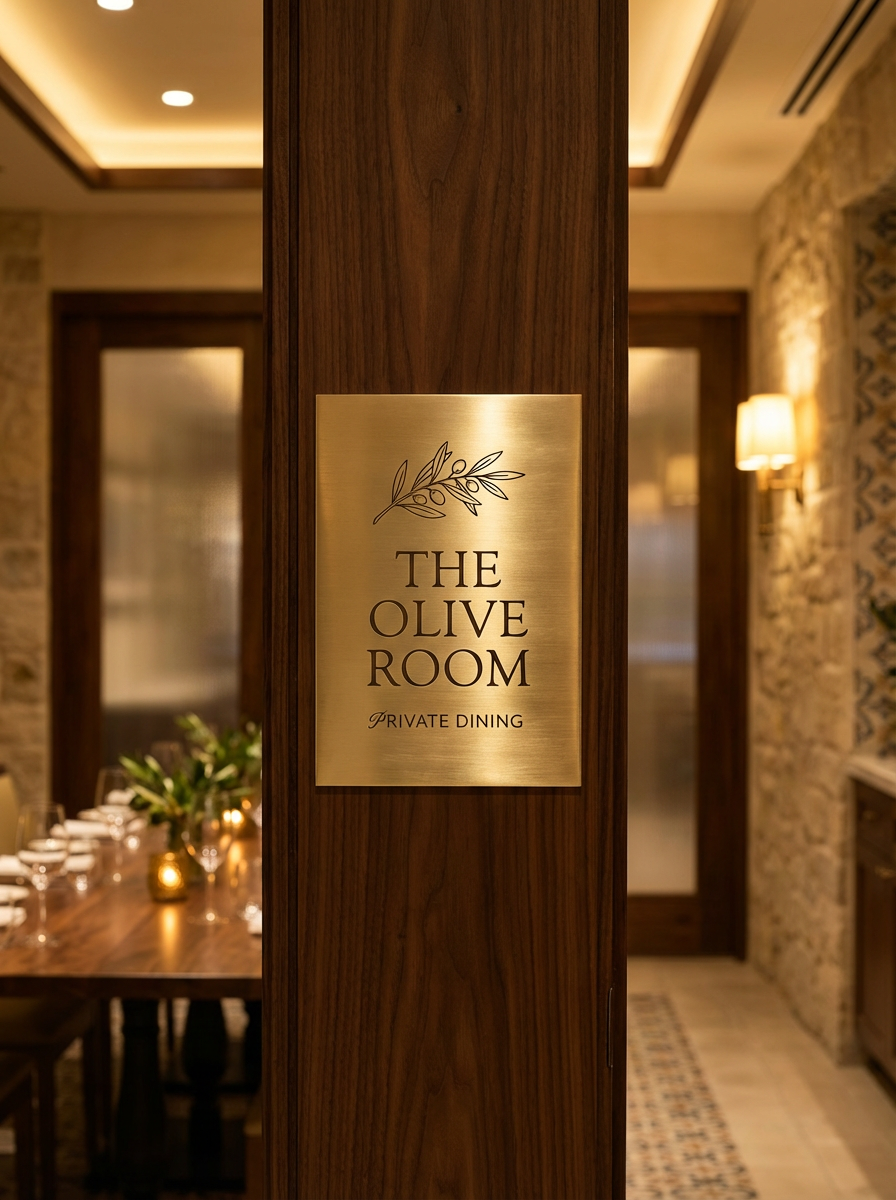 Brushed brass fascia lettering on dark facade