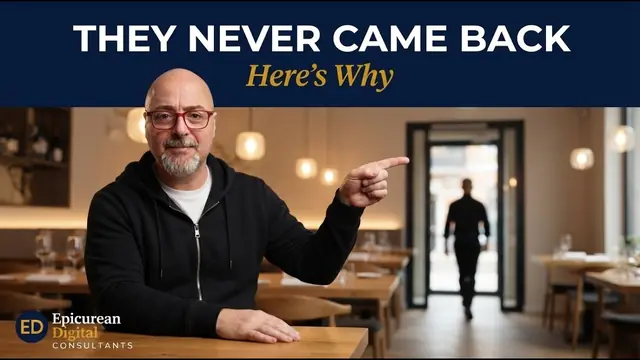 Ali Solak pointing towards a guest leaving through a restaurant door, under the words They never came back, here's why