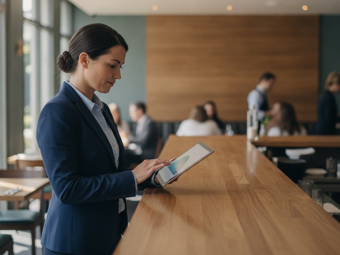 Restaurant manager reviewing menu sales patterns on a tablet