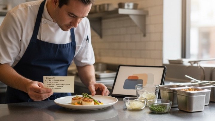 Chef-manager checking portion ingredients and a plated restaurant dish
