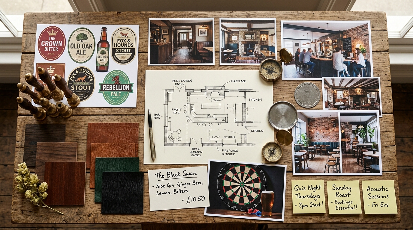 Pub concept mood board with craft beer labels, tap handle samples, dark wood and leather swatches, bar layout sketch, and handwritten notes about Quiz Night Thursdays
