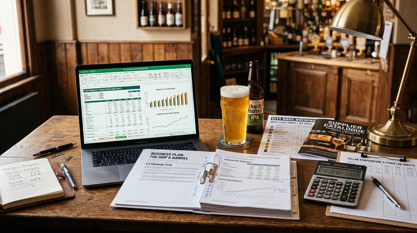 Pub financial planning scene with laptop showing profit/loss projections, beer price list from brewery, spirit supplier catalogue, and cellar temperature log