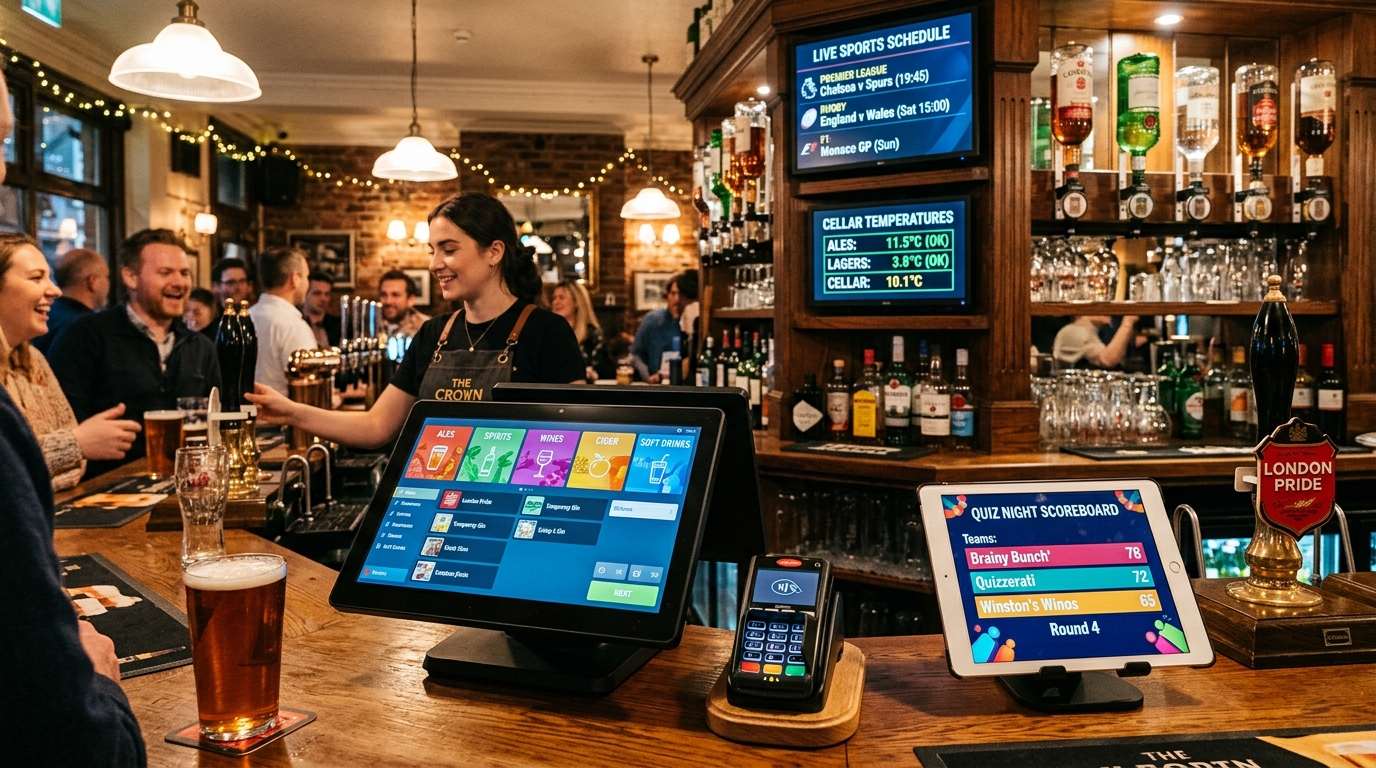 Pub bar with modern tech integration showing POS system, contactless card reader, live sports schedule screen, quiz night leaderboard tablet, and cellar temperature monitoring display