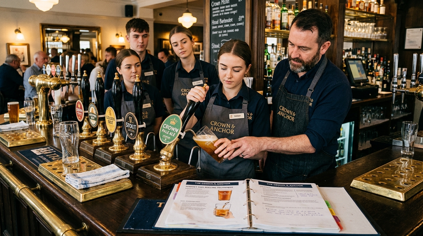 Bar training scene with head bartender demonstrating proper pint pulling technique to trainees, beer taps visible, training manual on bar counter