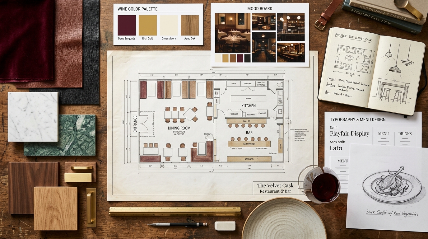 Restaurant concept mood board with blueprints, fabric samples, wine references, menu typography, and plated dish sketches