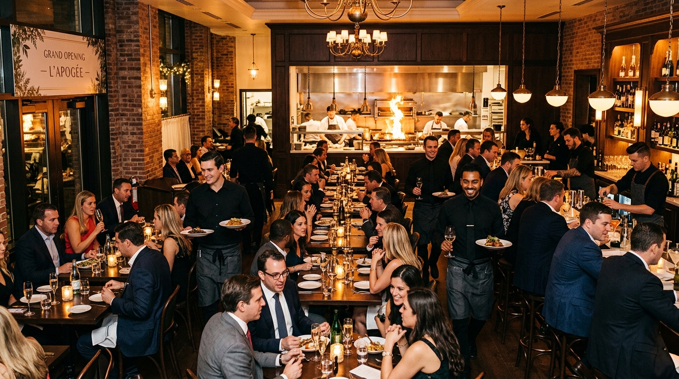 Vibrant grand opening night with full restaurant, warm ambient lighting, lively bar, waiters carrying plates, kitchen visible through pass window with grill flames