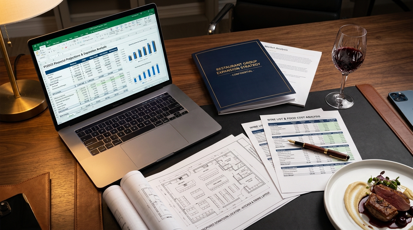 Financial planning desk with laptop showing restaurant revenue projections, business plan, architectural blueprints, and wine cost spreadsheets