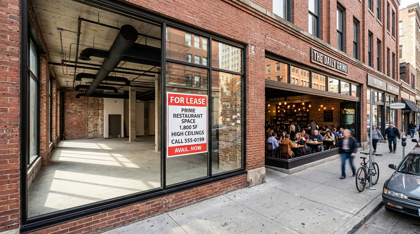 Empty restaurant space with high ceilings and large windows next to a busy established restaurant