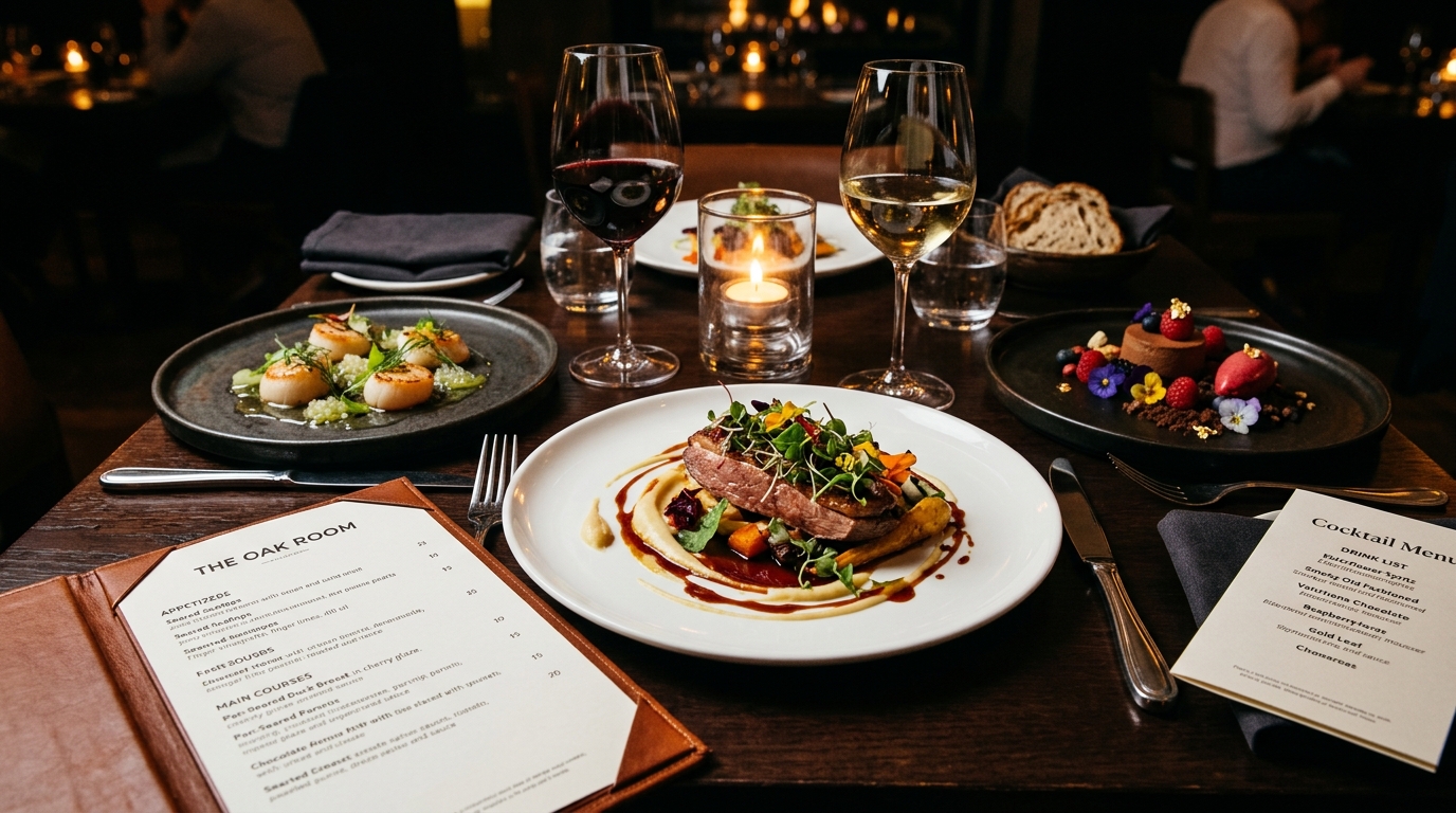Stunning restaurant table with beautifully plated dishes, wine glasses, leather-bound menu, cocktail menu, and candlelight