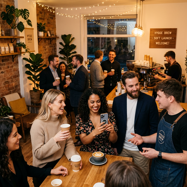 Intimate soft launch gathering in a new coffee shop with guests holding branded cups and chatting