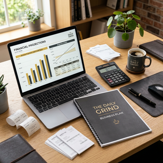 Financial planning desk with laptop showing revenue projections, business plan, calculator, and coffee