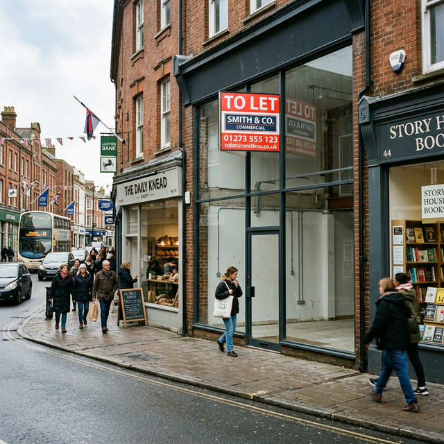Empty retail unit with To Let sign on a busy UK high street