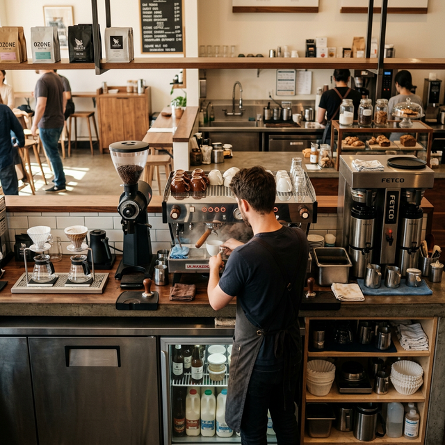 Professional coffee bar setup with commercial espresso machine, grinder, pour-over station, and organized supplies