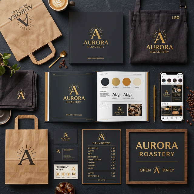 Complete coffee shop brand package flat-lay with brand guidelines, branded cups, bags, business cards, and social templates