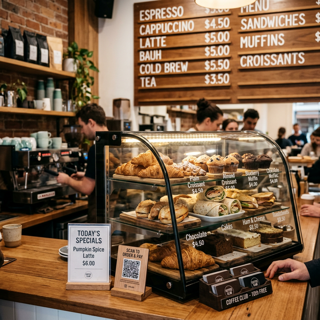 Coffee shop counter with pastry display, wall-mounted menu board, QR code table tent, and loyalty cards
