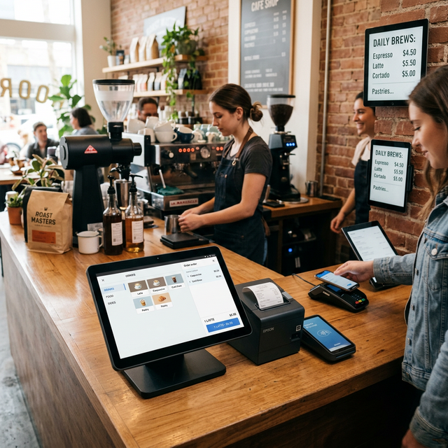 Modern POS system on coffee shop counter with contactless card reader and digital order display