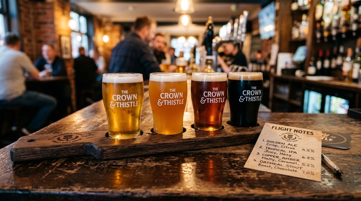 Beer tasting flight board with four branded taster glasses