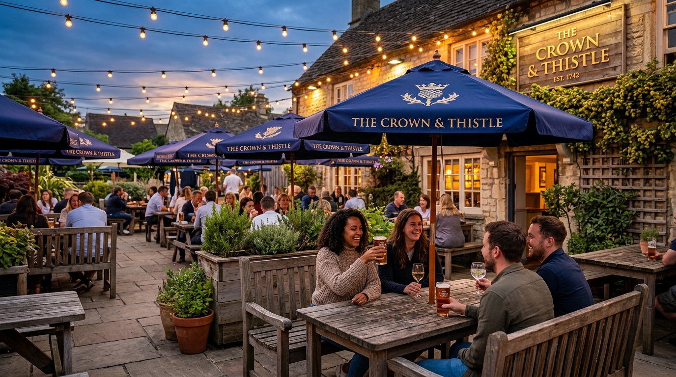 Beer garden and outdoor seating area with branded parasols and festoon lighting