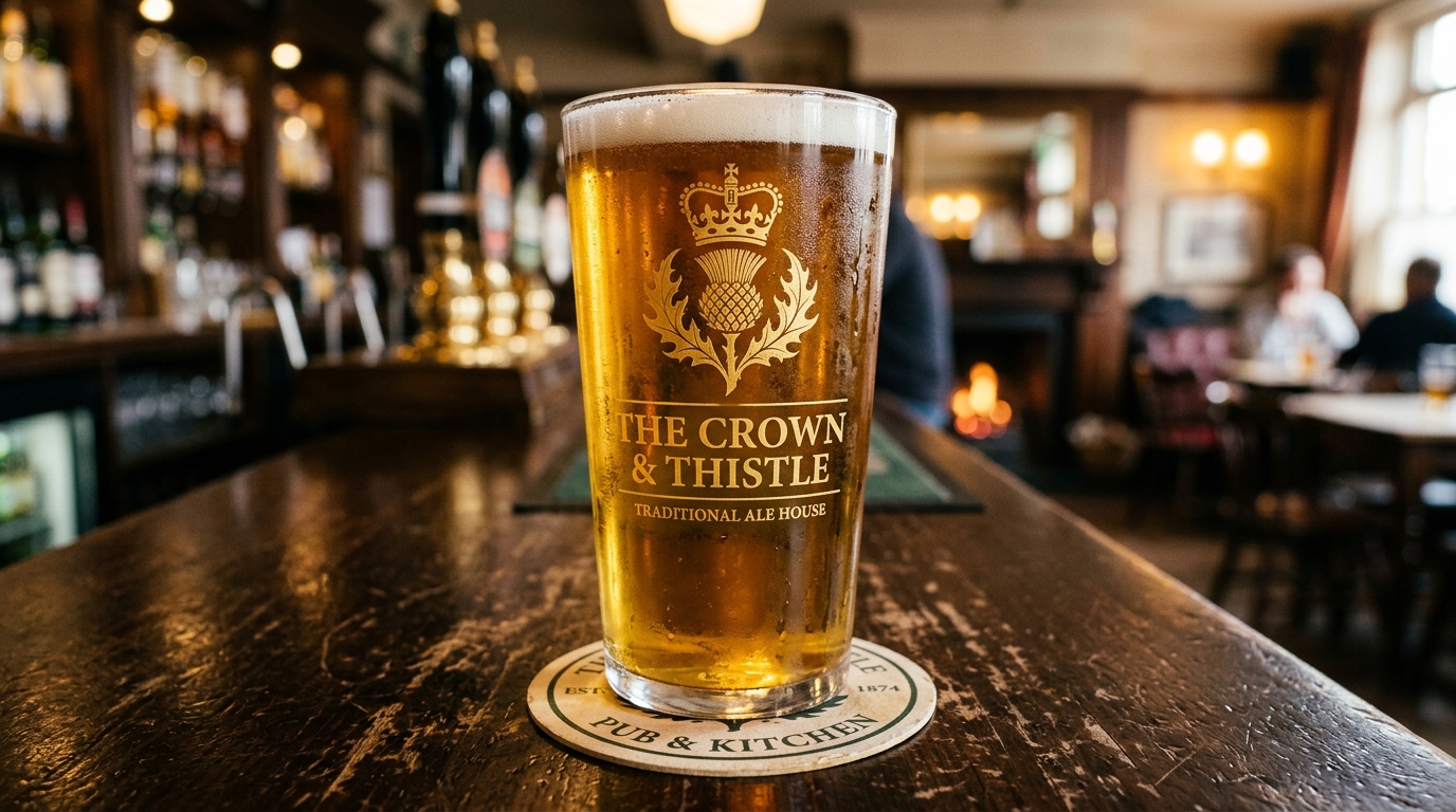 Branded pint glasses with etched Crown & Thistle emblem