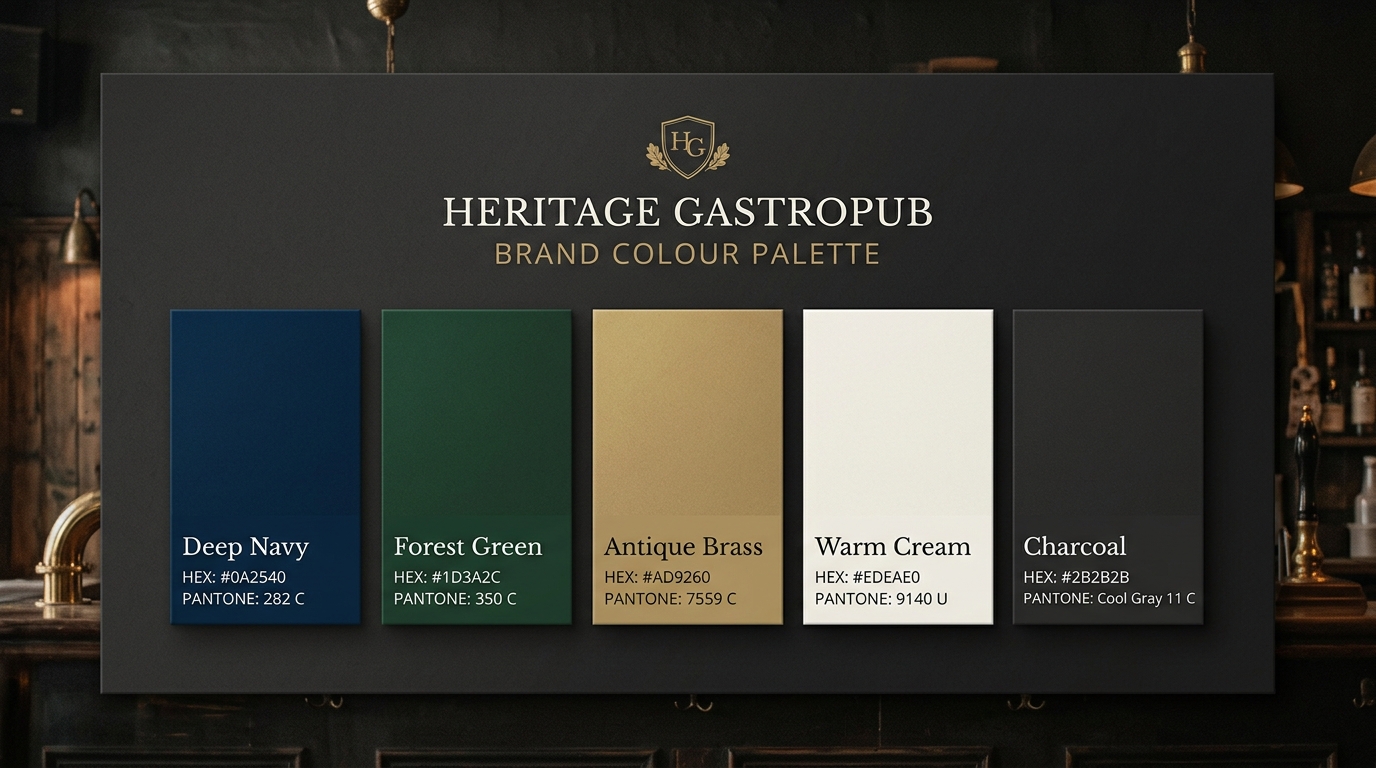 Colour palette showing deep greens, warm golds, rich burgundy, and cream neutrals with colour codes