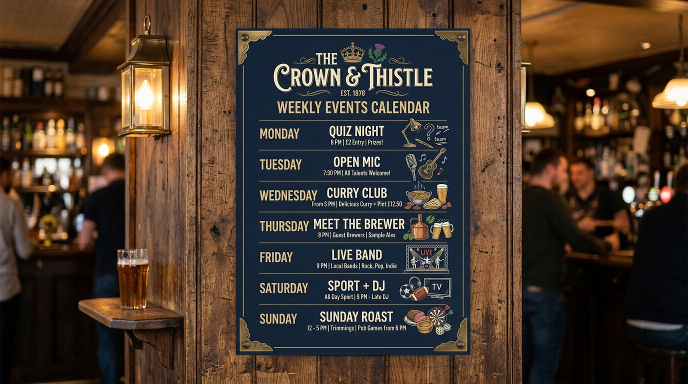 Events calendar and promotional materials — quiz night, live music, tasting events