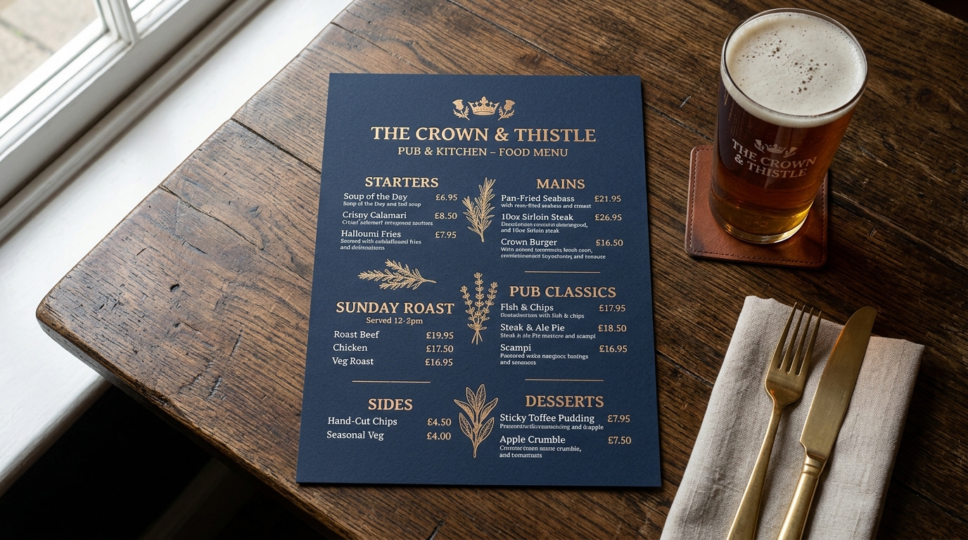 Gastropub food menu — mains, starters, sharing boards — leather-bound