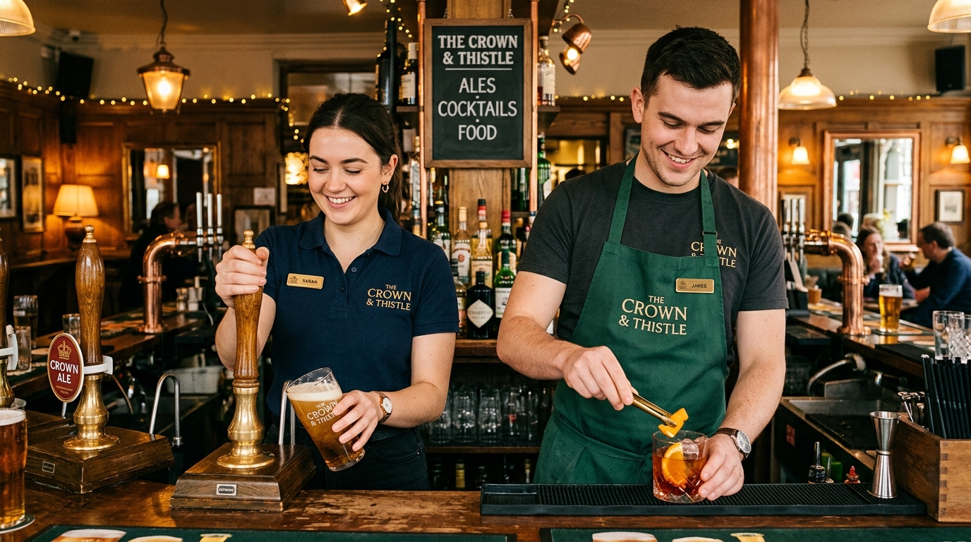 Bar staff uniform — branded apron over heritage-toned shirt