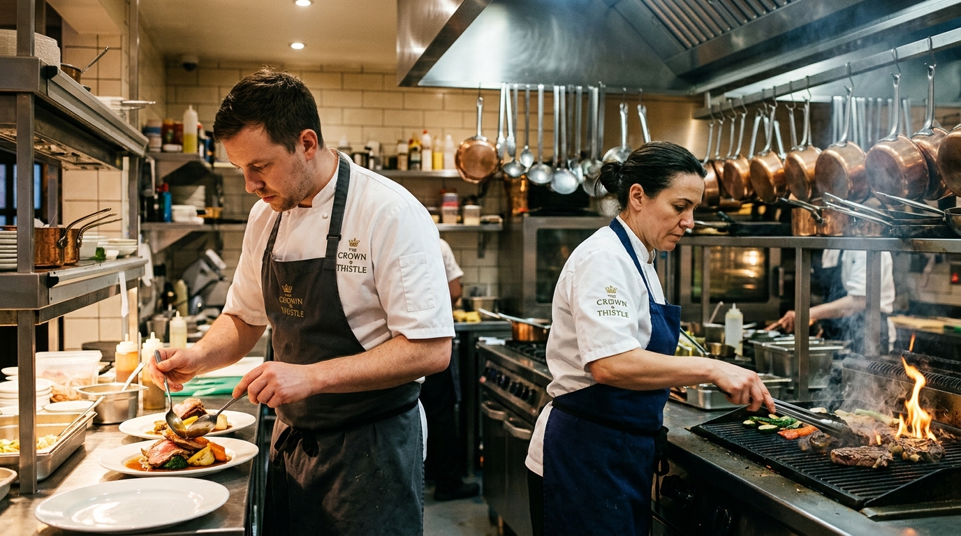 Kitchen team uniform — chef jacket with embroidered Crown & Thistle logo