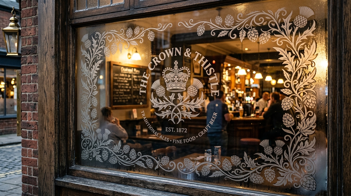 Frosted window vinyl graphics with logo, opening hours, and heritage details