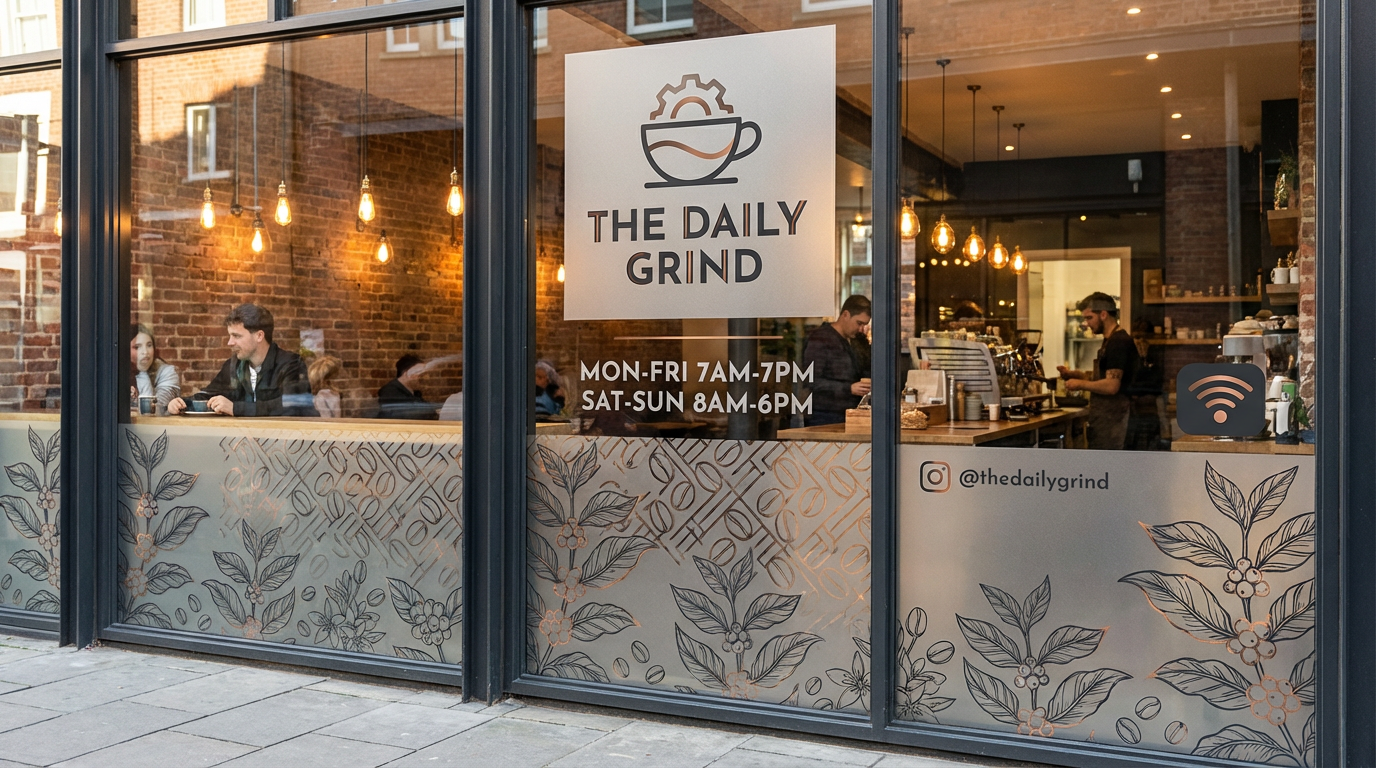 Counter area showing menu board, tip jar, loyalty card display, POS branding